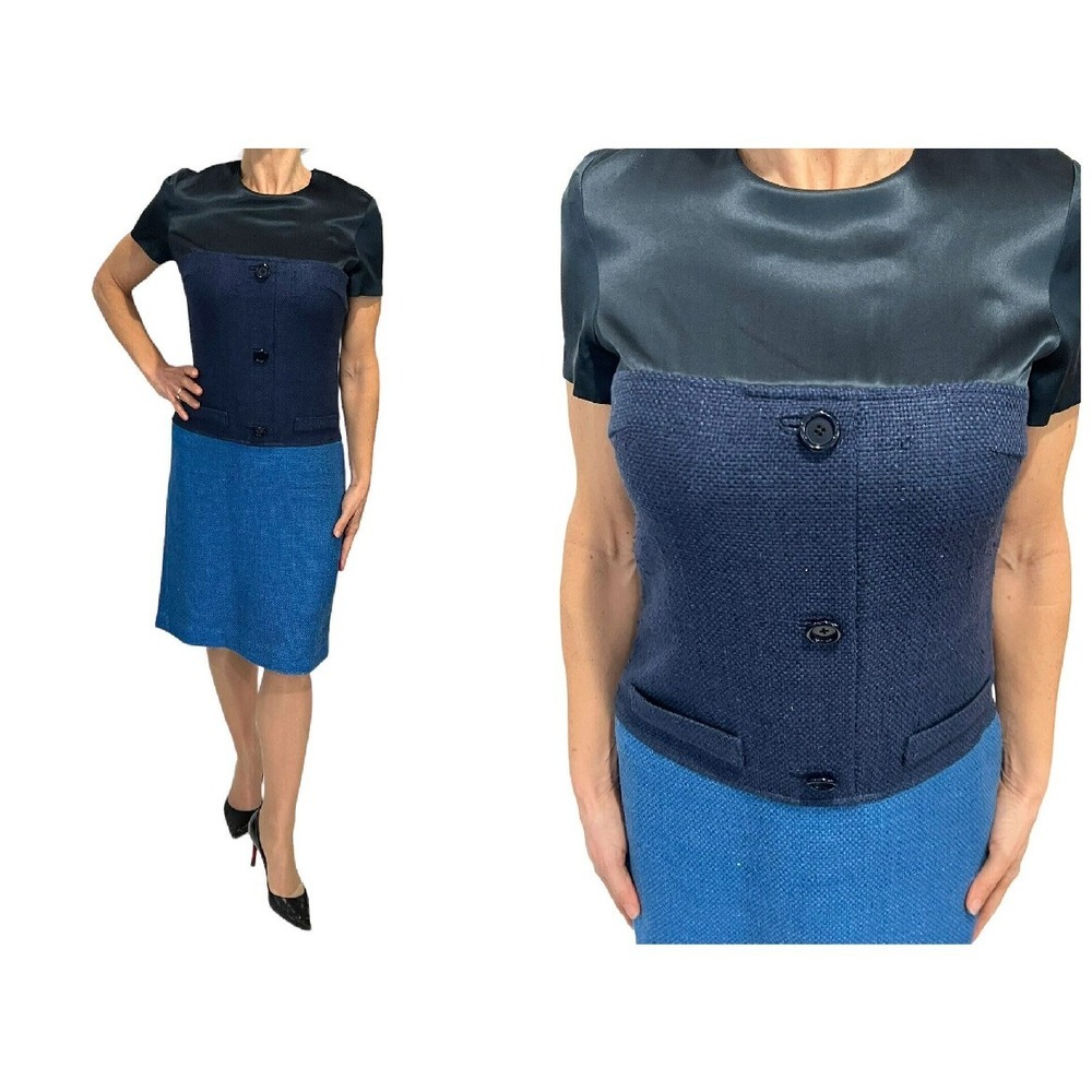 CHRIS BENZ BLUE SILK MIXED MEDIA SECRETARY SHORT SLEEVE KNEE LENGTH  DRESS M 6